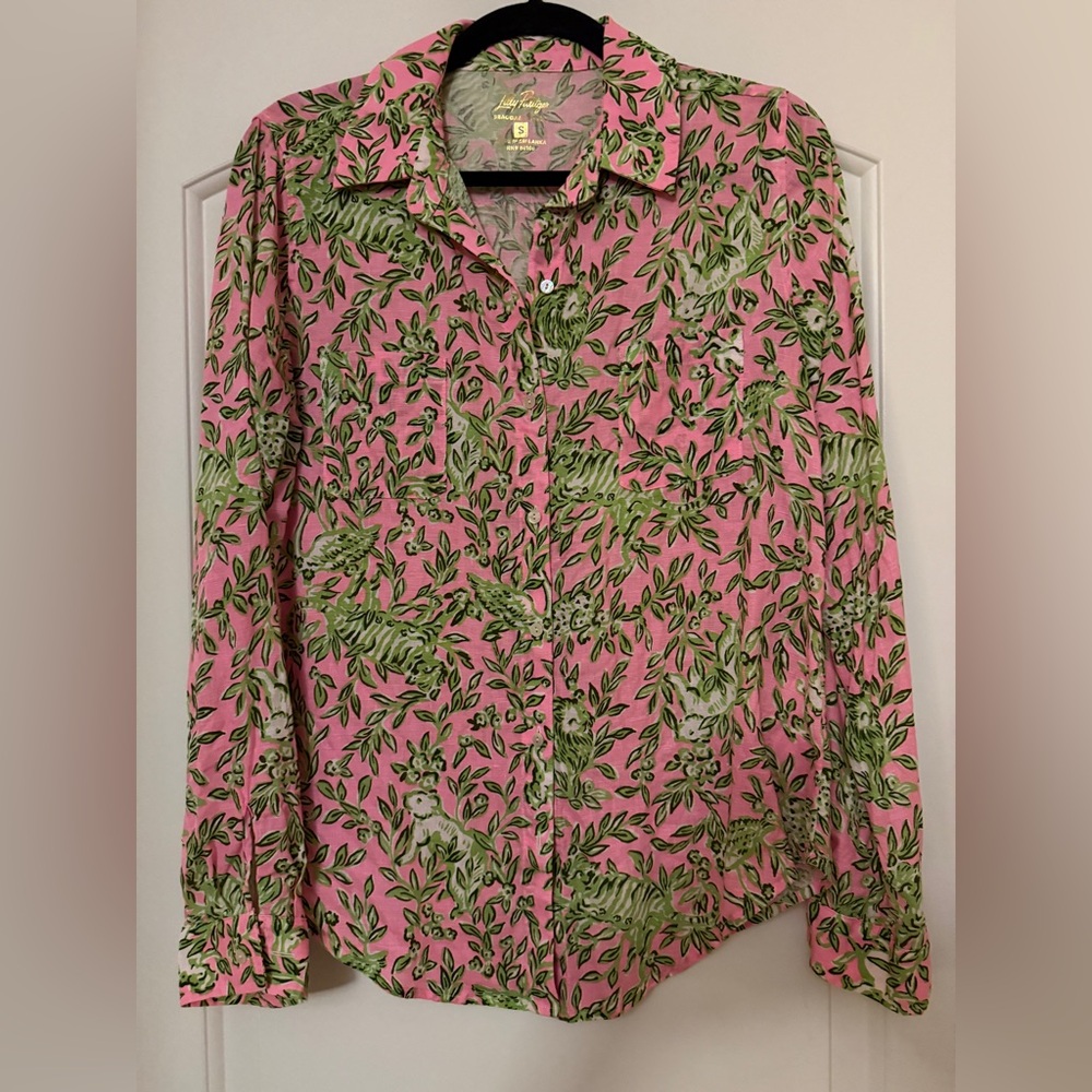 Lilly Pulitzer Pink Button-Down Shirt with Green Leaf Print